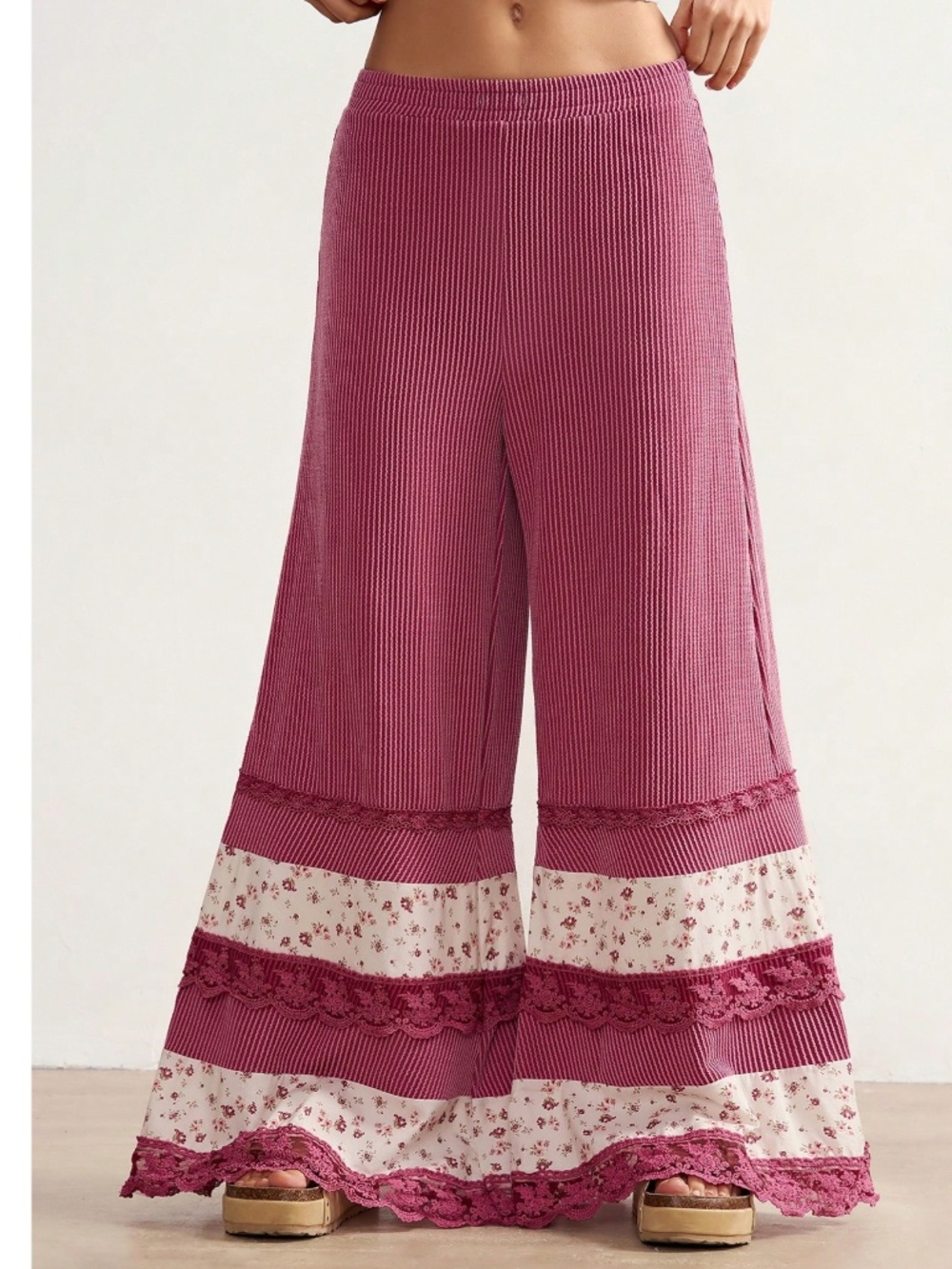 Boho Floral Print Stretchy waist Wide leg Lace pants - Picture 4 of 6